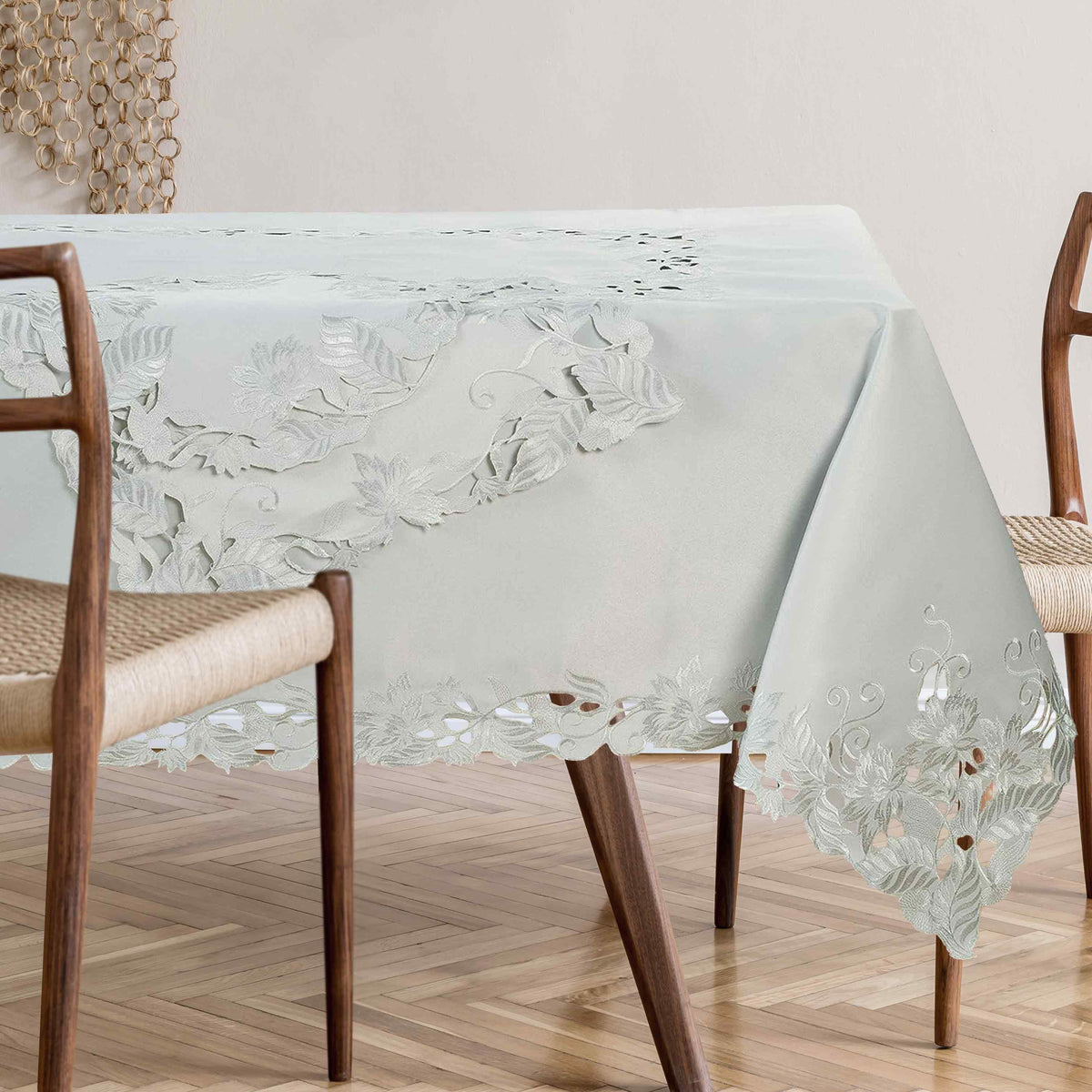 European embroidery table toppers from the Corda Collection, elegant table covers with intricate embroidery design.