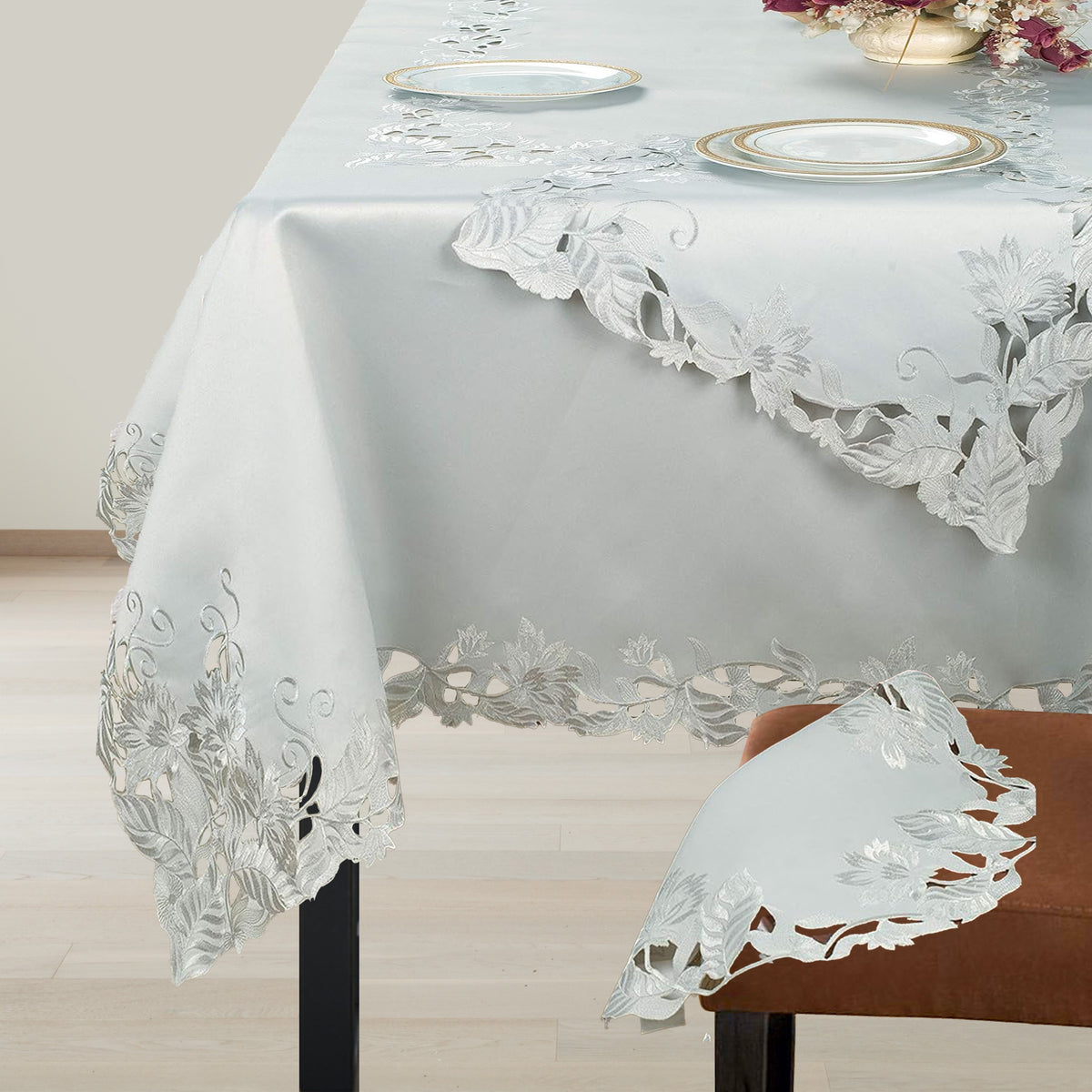 Elegant table cover from The Corda Collection featuring European embroidery, designed by FL3155-TC for stylish table toppers.