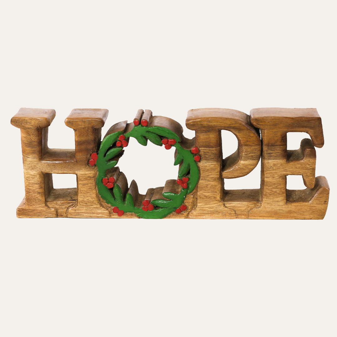 Handmade wooden sculpture titled Endless Hope, artistic wooden décor symbolizing faith and light from the LAY008 collection.