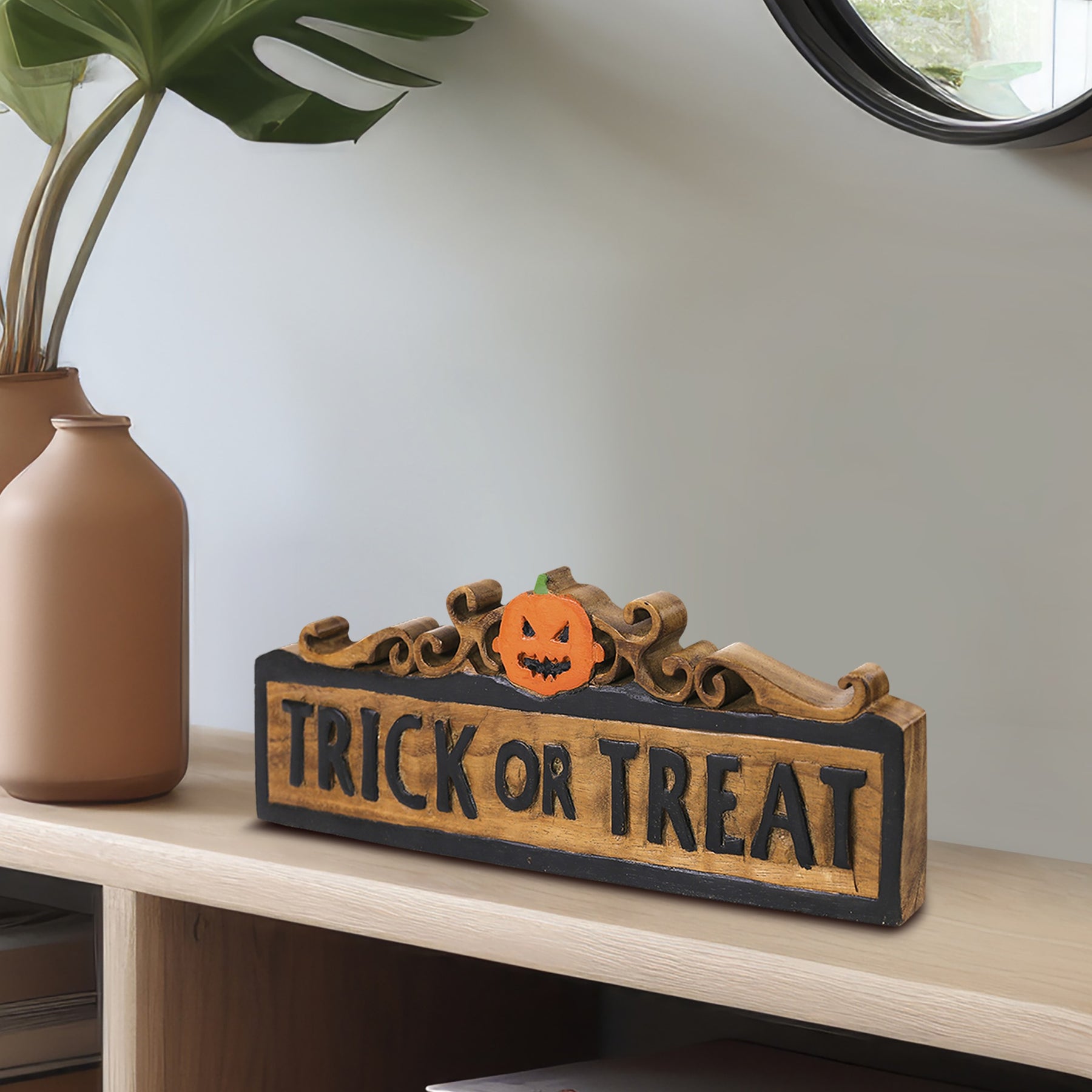 Trick or Treat Wooden Sculpture – Handmade Halloween Decor Decozen Luxe - Decozen
