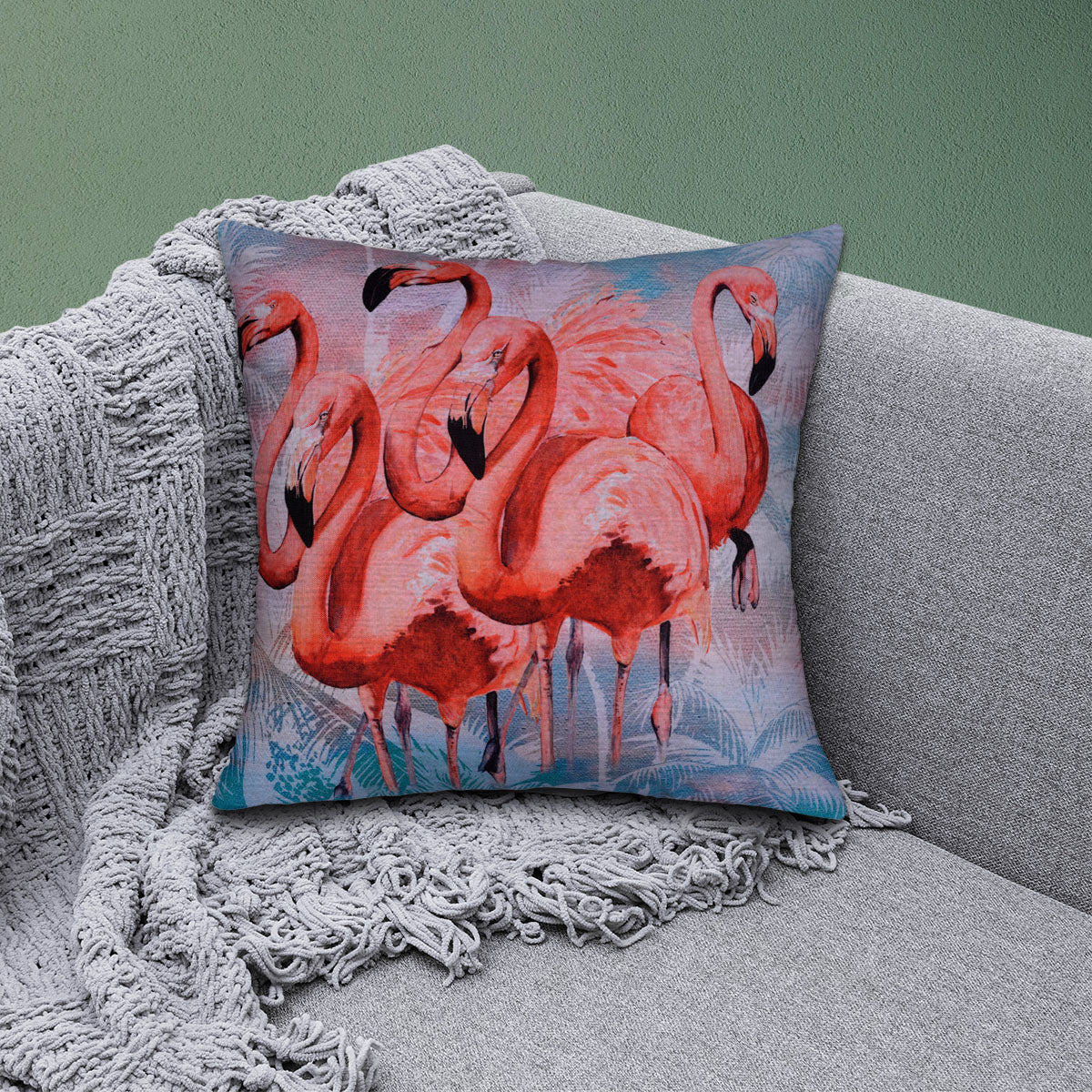 Flamingo printed design throw pillow cover from LD20180010173, featuring vibrant flamingo pattern on fabric.