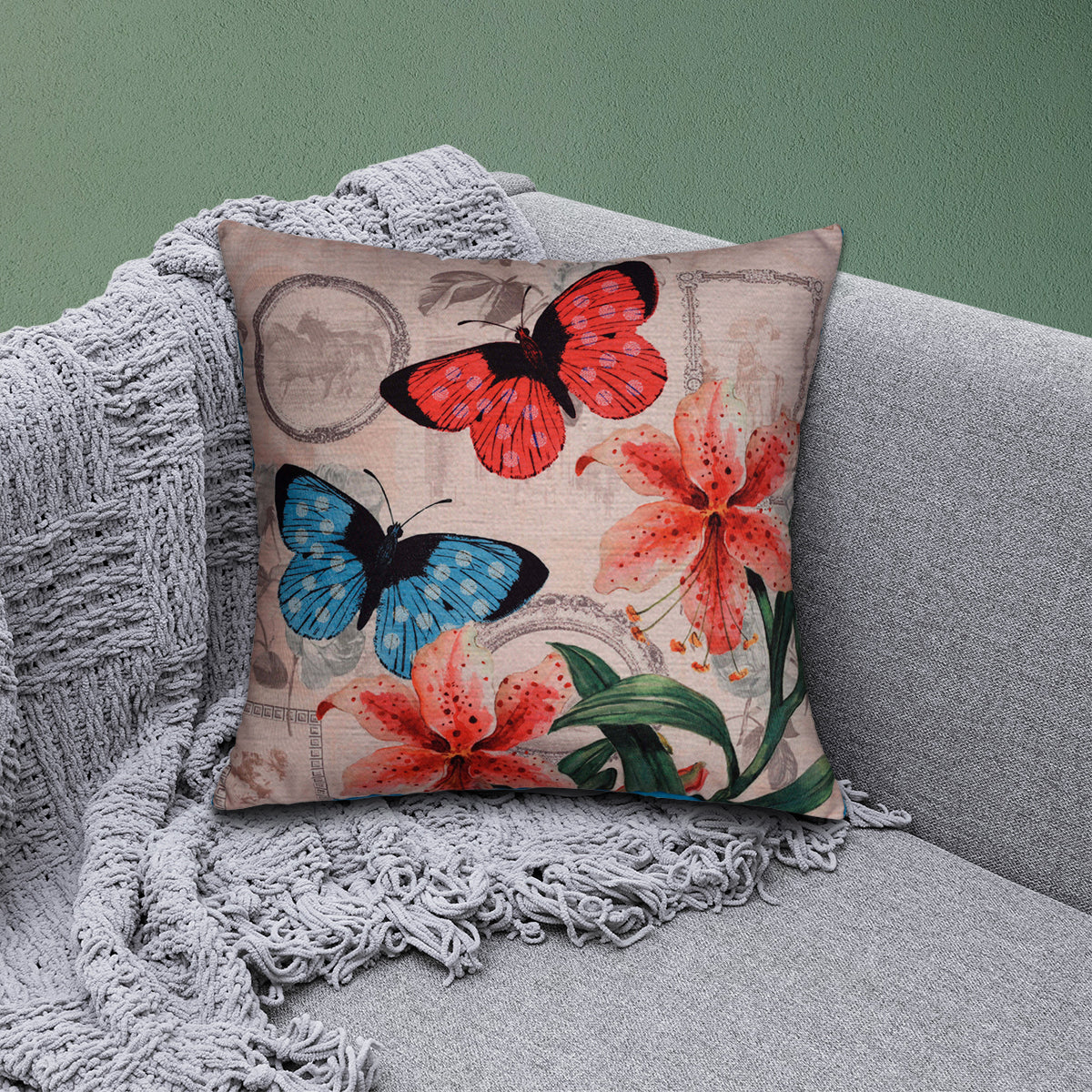 Butterflies printed design throw pillow cover, decorative cushion cover with colorful butterfly pattern, perfect for sofa or bedroom decor.