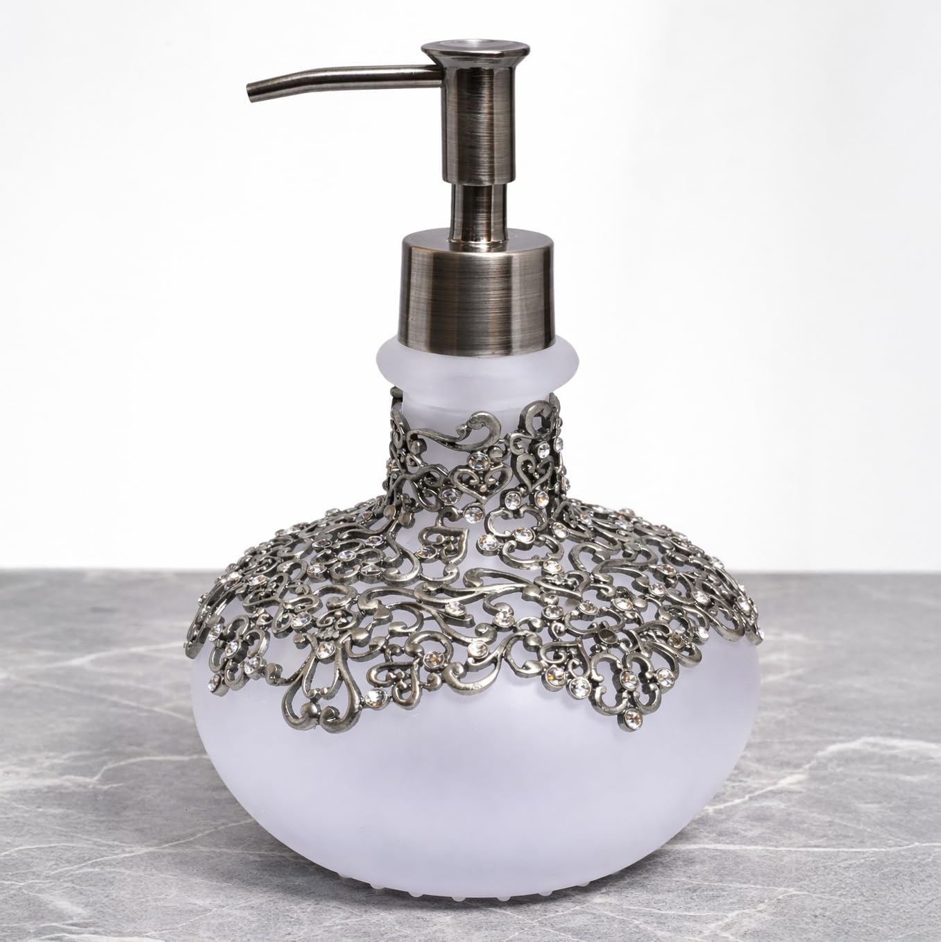 Elegant Haven modern decorative bathroom lotion dispenser by LB 22725, handcrafted soap dispenser for stylish home decor.