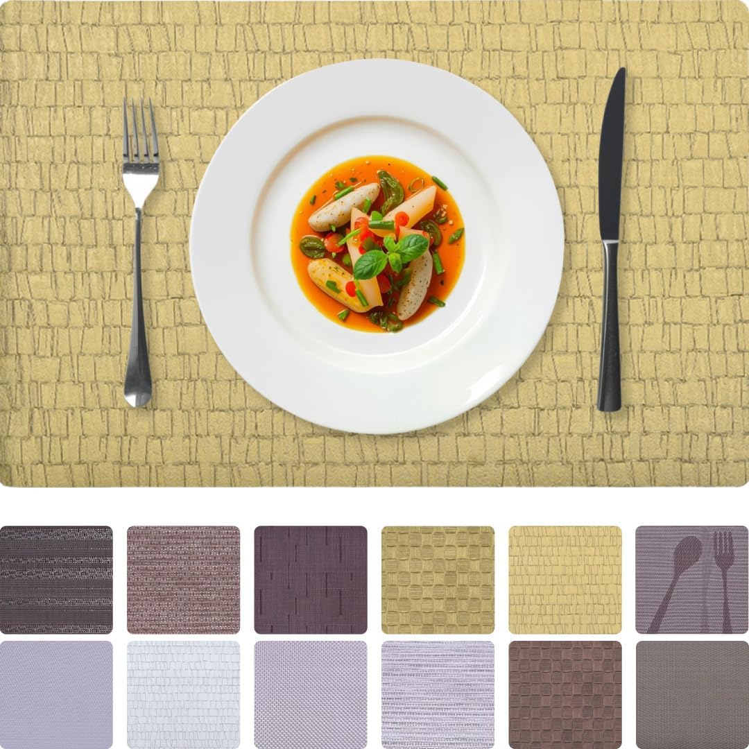 Set of 4 and 6 PVC placemats by 618EVA-9-2-4, showing colorful, textured placemats on a dining table.