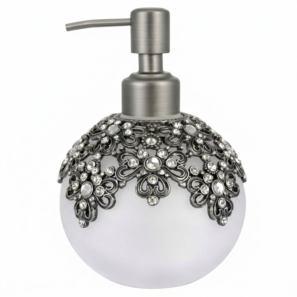 Lavinia Bloom modern decorative bathroom lotion dispenser, handmade soap pump with floral design, 12 oz capacity.
