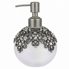 Lavinia Bloom modern decorative bathroom lotion dispenser, handmade soap pump with floral design, 12 oz capacity.