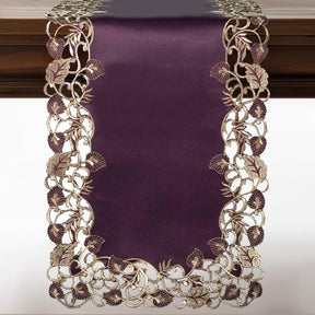 Plum Gold Table Runner – Rustic Embroidered Linen Decor for Dining Table 14x108 Inch