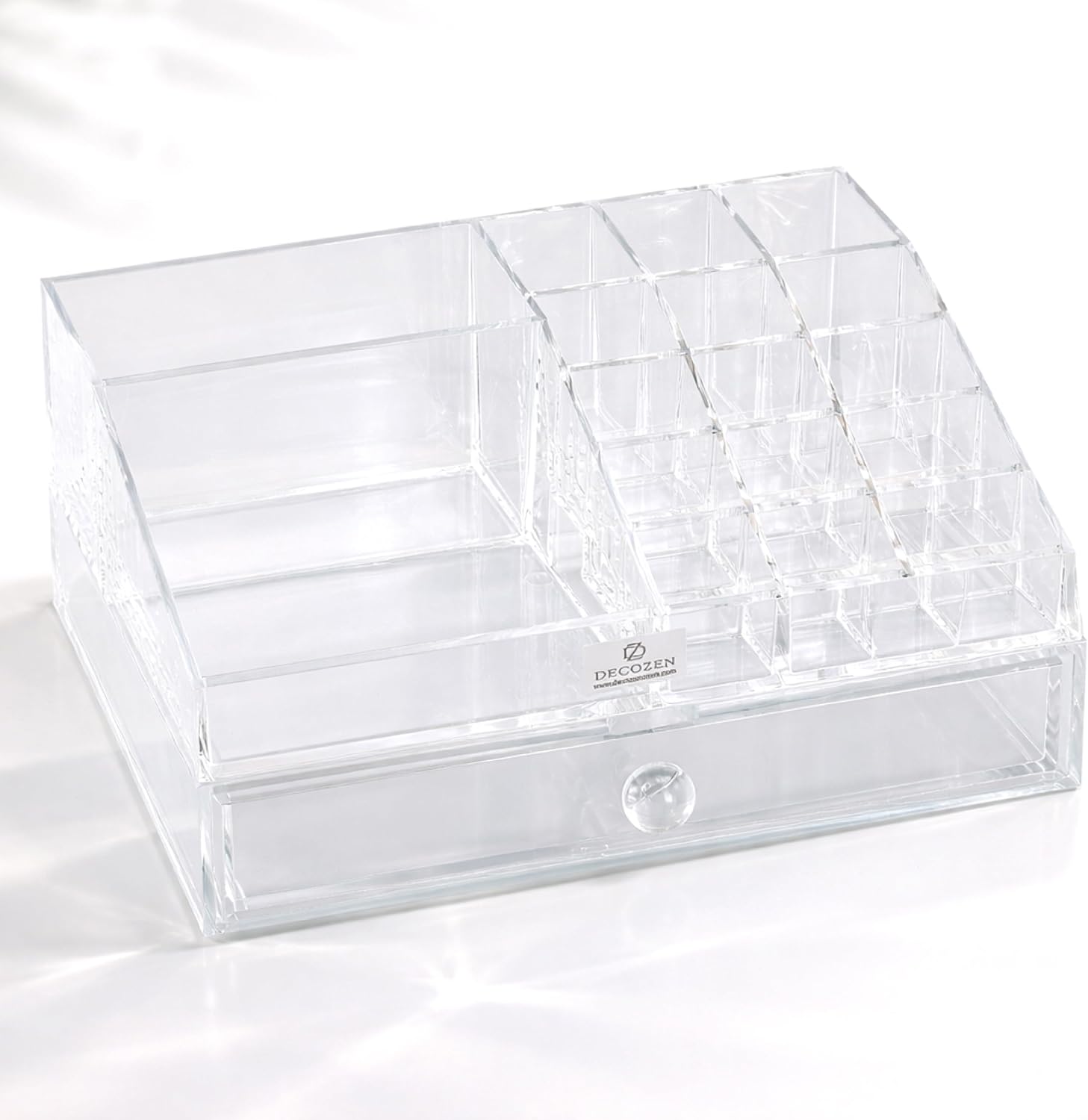 Clear Makeup Organizer - Acrylic Cosmetic Storage Box with 19 Slots & Drawer