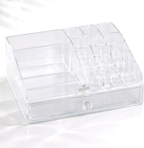 Clear Makeup Organizer - Acrylic Cosmetic Storage Box with 19 Slots & Drawer
