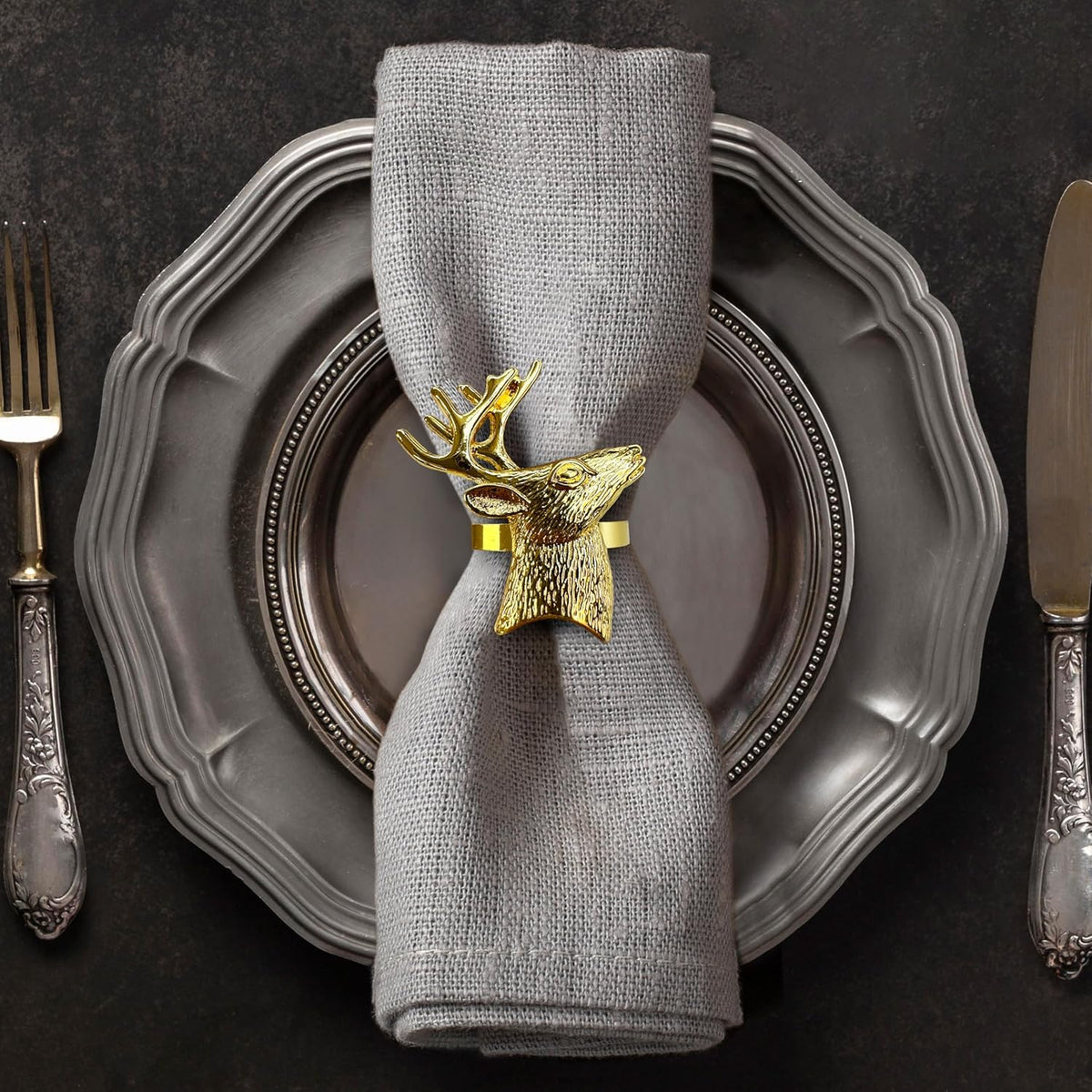 Festive Charm – Napkin Rings in Gold Reindeer Design, Artistic Decorative Dining Table Décor
