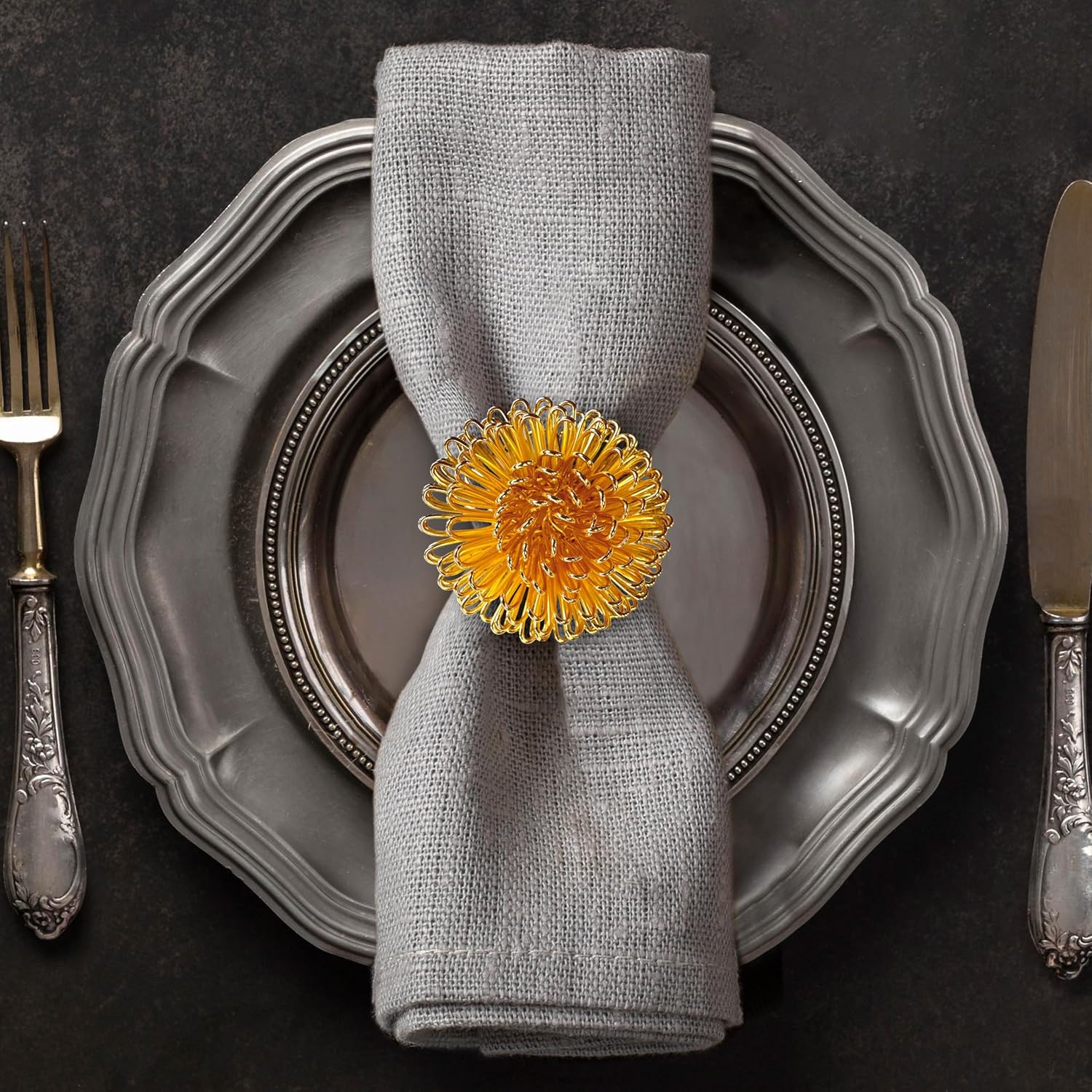 Floral Grace – Napkin Rings in Gold Floral Design, Artistic Decorative Dining Table Accent