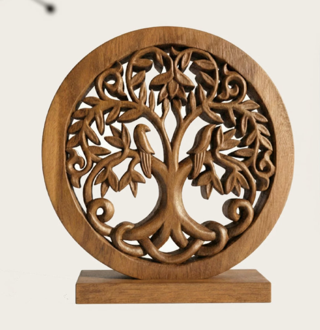 Hand-carved Maple Grove Tree of Life wooden sculpture, handmade farmhouse décor, detailed natural wood finish, ideal gift for mom