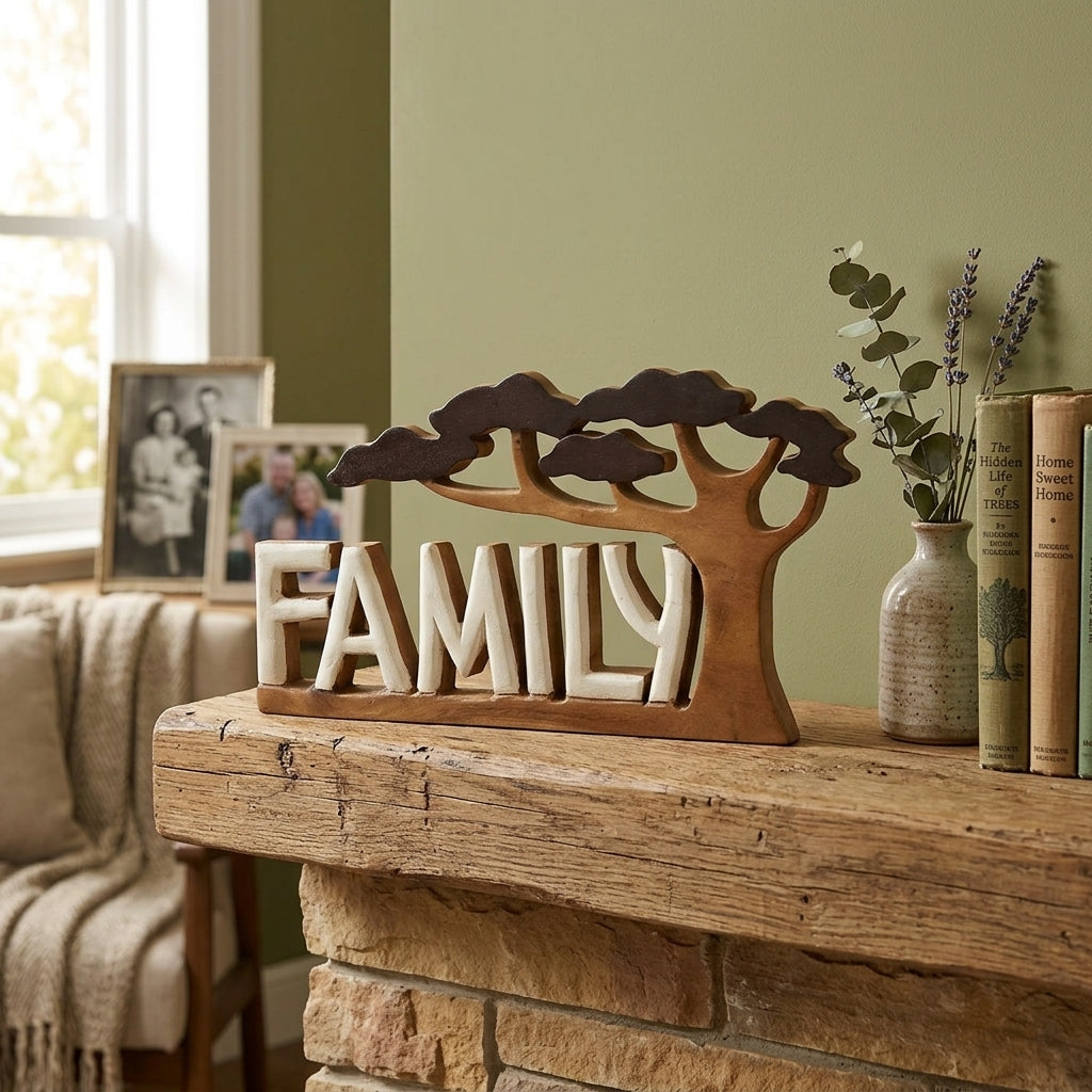 Forever Family – Hand Carved Wooden Sculpture, Handmade Decorative Home Art, Gift for Mom