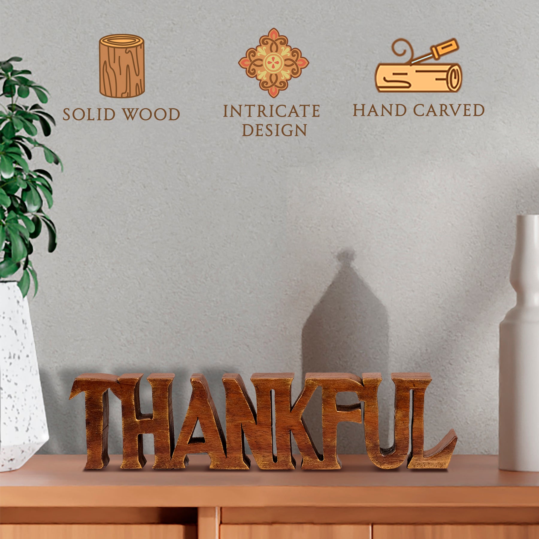 Thankful Wooden Sculpture – Hand-Carved Gift of Gratitude | Decozen Luxe, Gift for Mom
