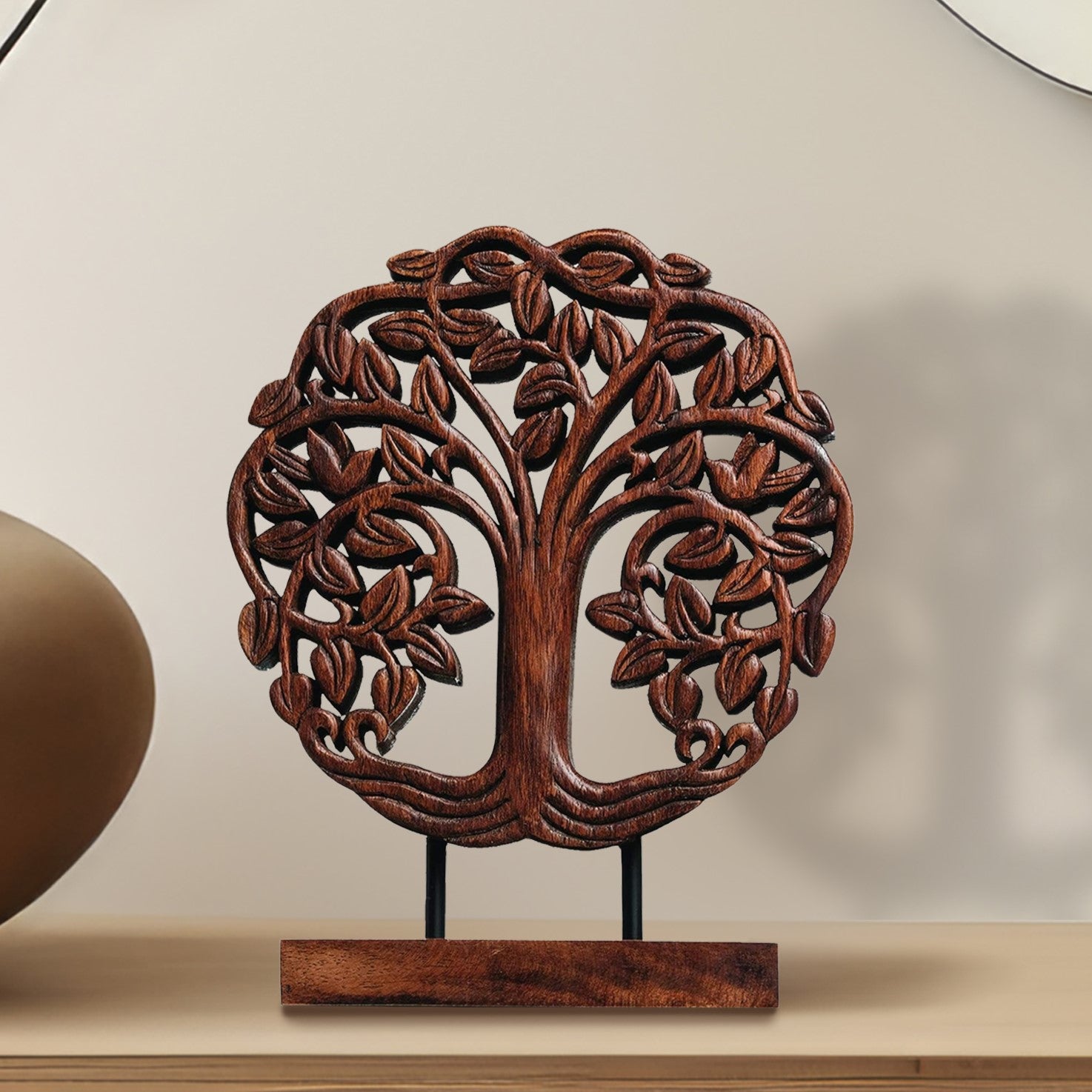 Medium Trezevant Tree of Life wooden sculpture by Decozen Luxe, showcasing intricate handmade wooden decorative art.