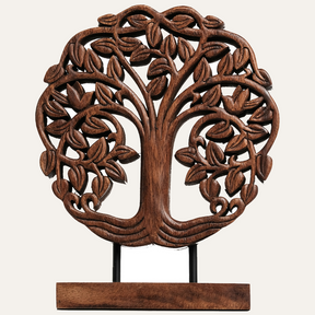 Medium Trezevant Tree of Life wooden sculpture by Decozen Luxe, showcasing intricate handcrafted wooden decorative art.