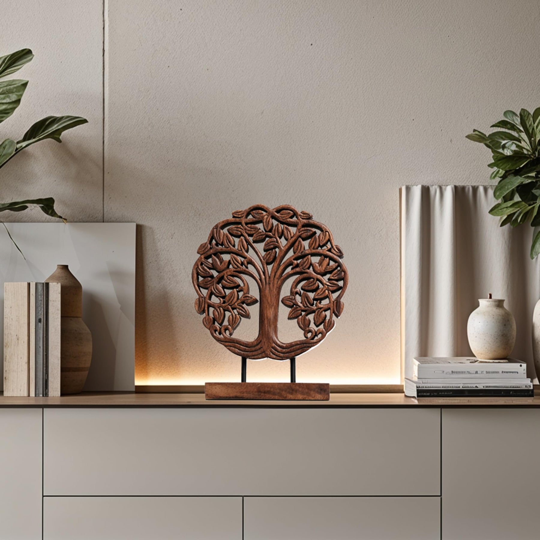 Medium wooden Trezevant Tree of Life sculpture by Decozen Luxe, showcasing intricate handcrafted wooden decorative art.