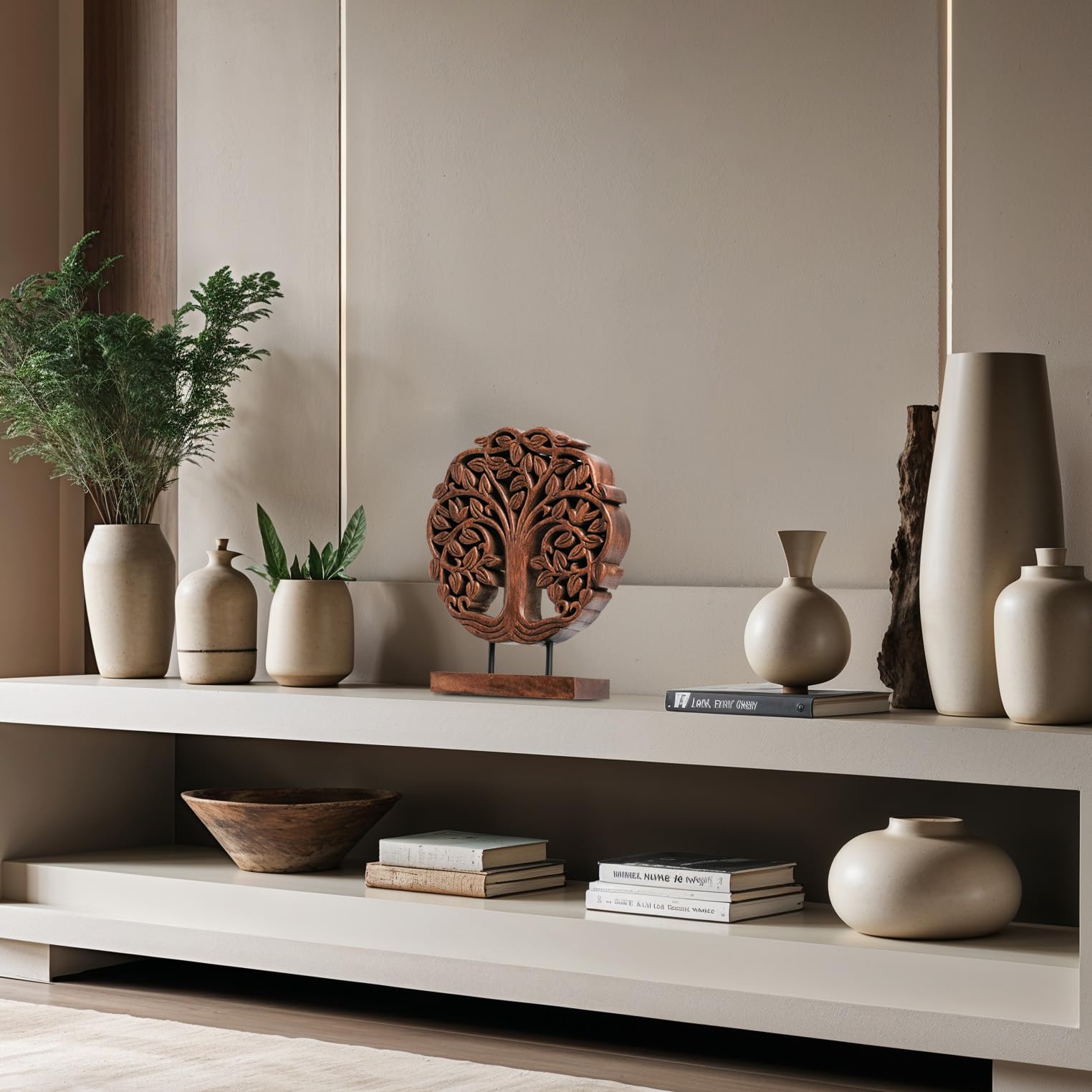 Medium Trezevant Tree of Life wooden sculpture by Decozen Luxe, showcasing intricate handmade wooden decorative art.