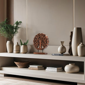Medium Trezevant Tree of Life wooden sculpture by Decozen Luxe, showcasing intricate handmade wooden decorative art.