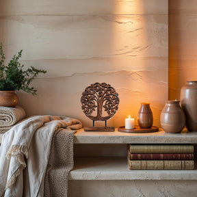 Medium Trezevant Tree of Life wooden sculpture by Decozen Luxe, showcasing intricate handmade decorative wooden art.