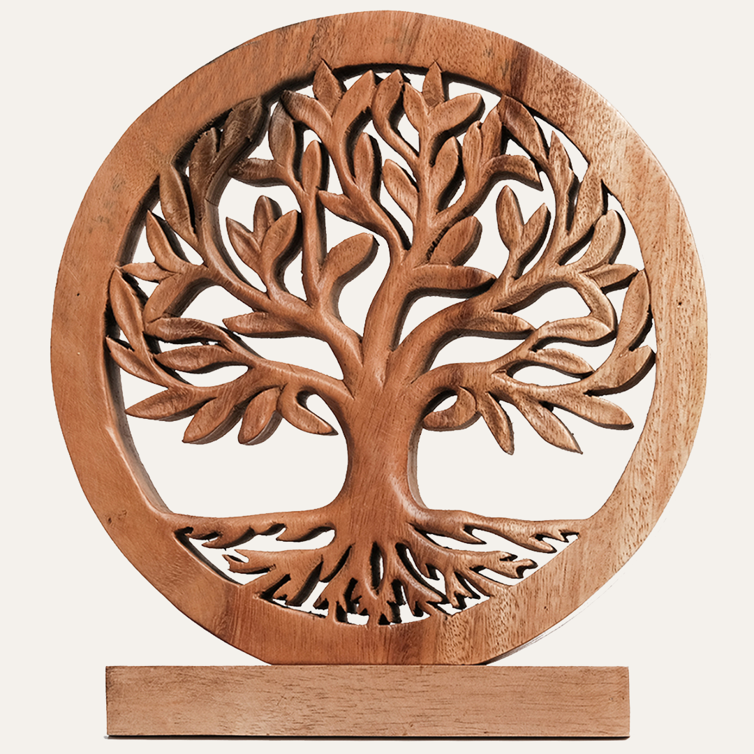 Medium Cloverly Tree of Life wooden sculpture by Decozen Luxe, showcasing intricate handmade wooden decorative art.