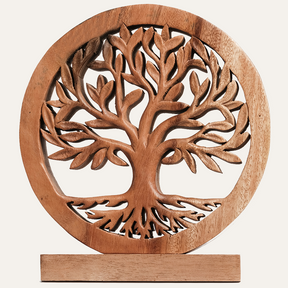 Medium Cloverly Tree of Life wooden sculpture by Decozen Luxe, showcasing intricate handmade wooden decorative art.