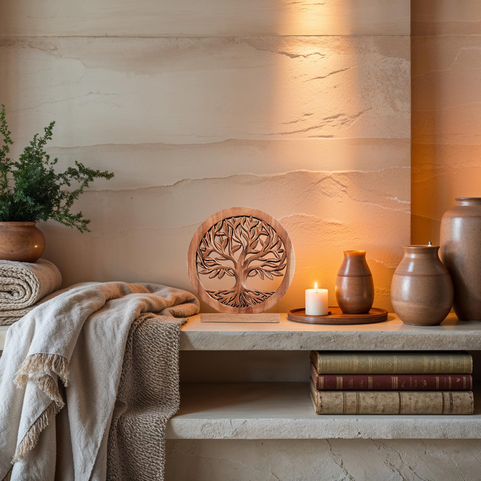 Sacred Roots – Hand-Carved Tree of Life Wooden Sculpture, Artistic Home Décor - Decozen