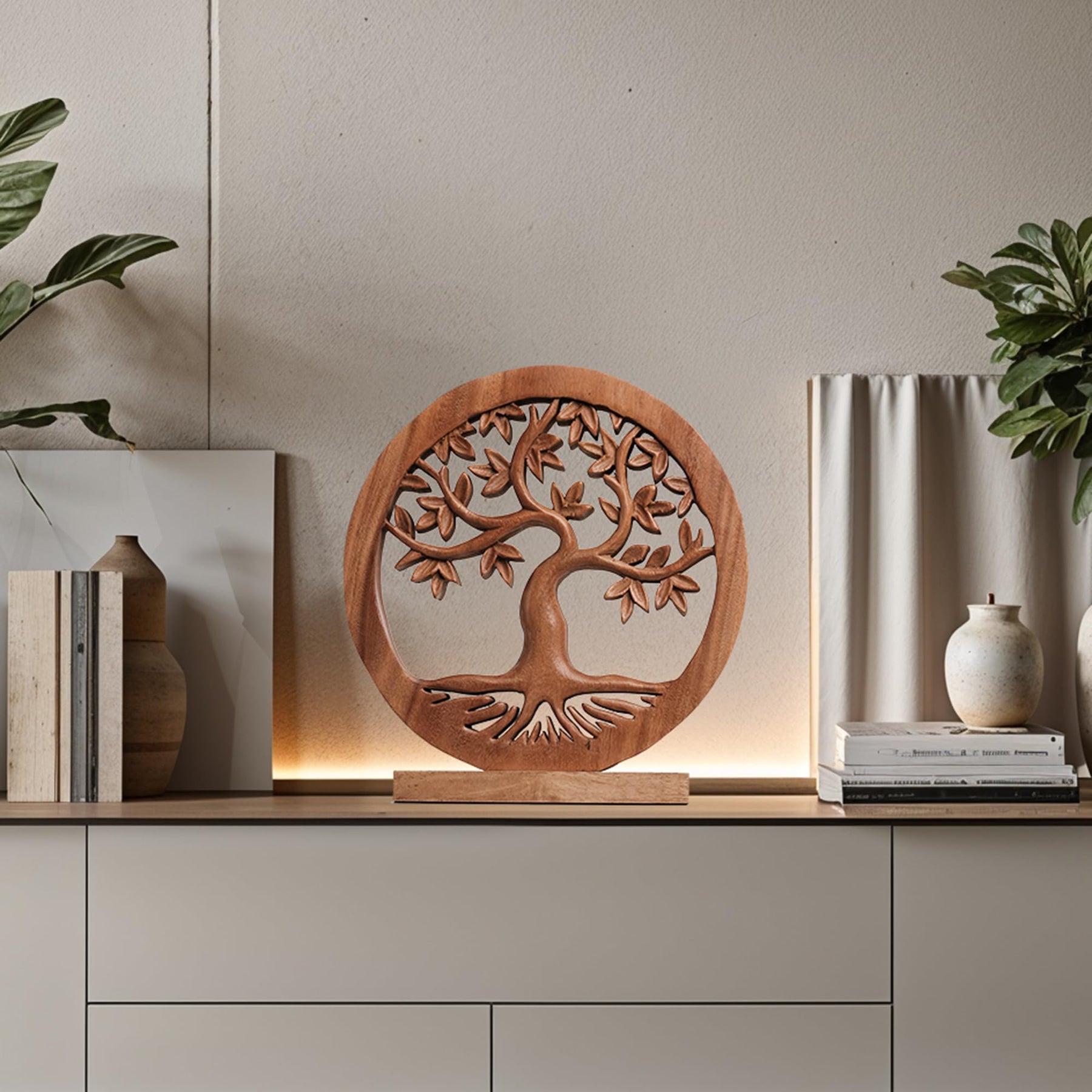 Oak Serenity – Hand Carved Tree of Life Wooden Sculpture, Handmade Farmhouse Décor - Decozen