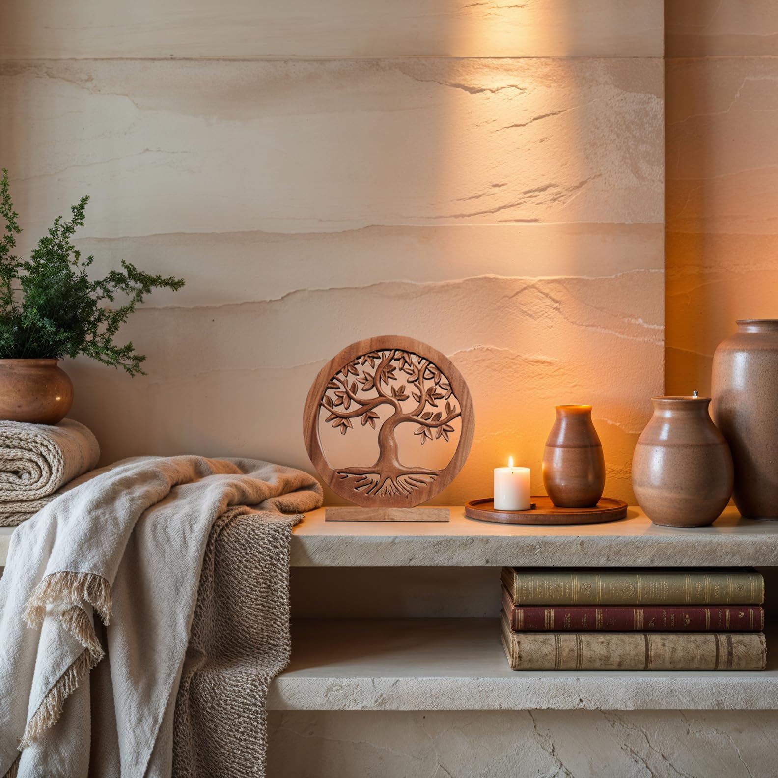 Oak Serenity – Hand Carved Tree of Life Wooden Sculpture, Handmade Farmhouse Décor - Decozen