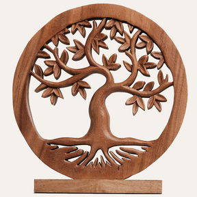 Oak Serenity – Hand Carved Tree of Life Wooden Sculpture, Handmade Farmhouse Décor - Decozen