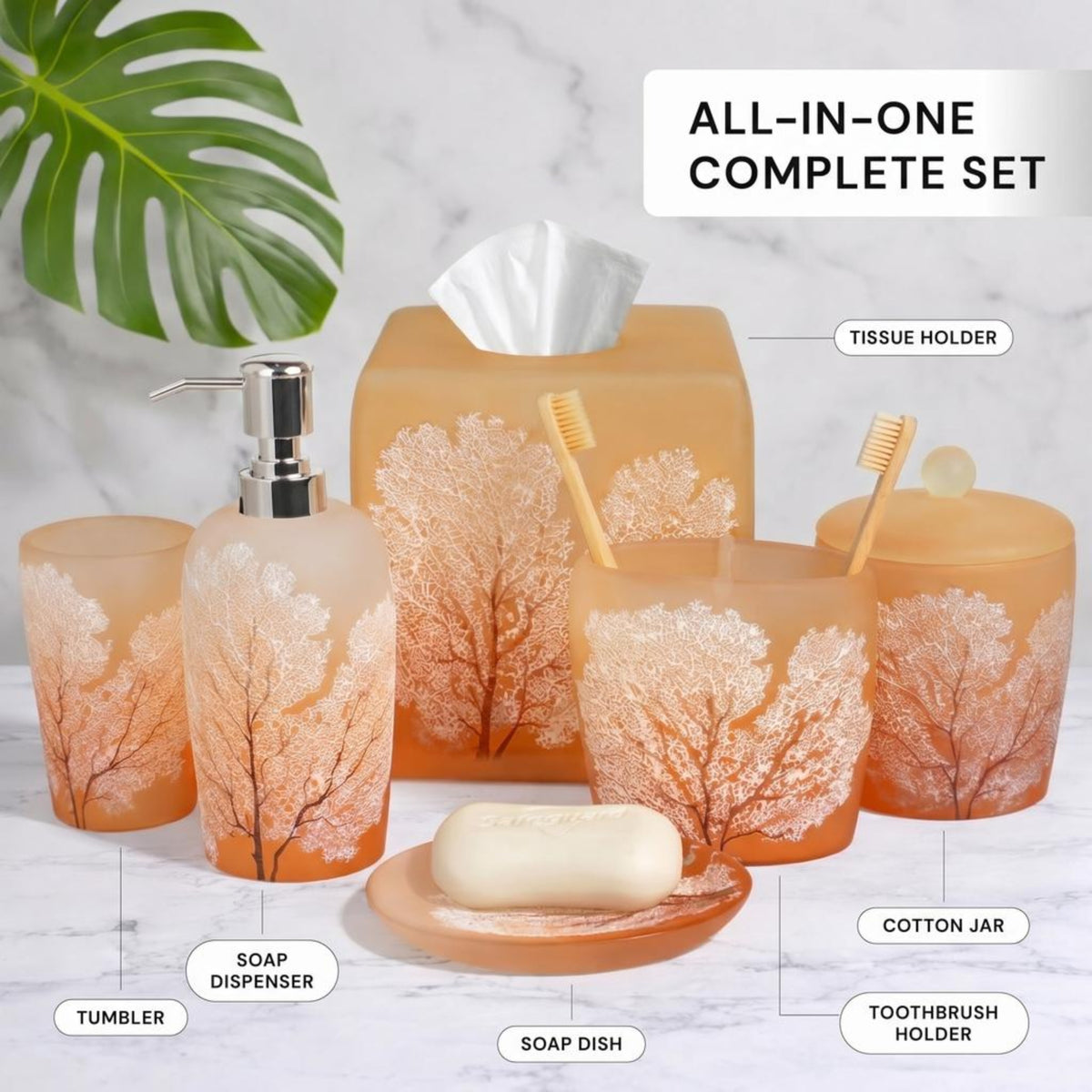 Set of six modern bathroom decor accessories from The Carruthers Collection by AH7005, featuring sleek bath accessory designs.