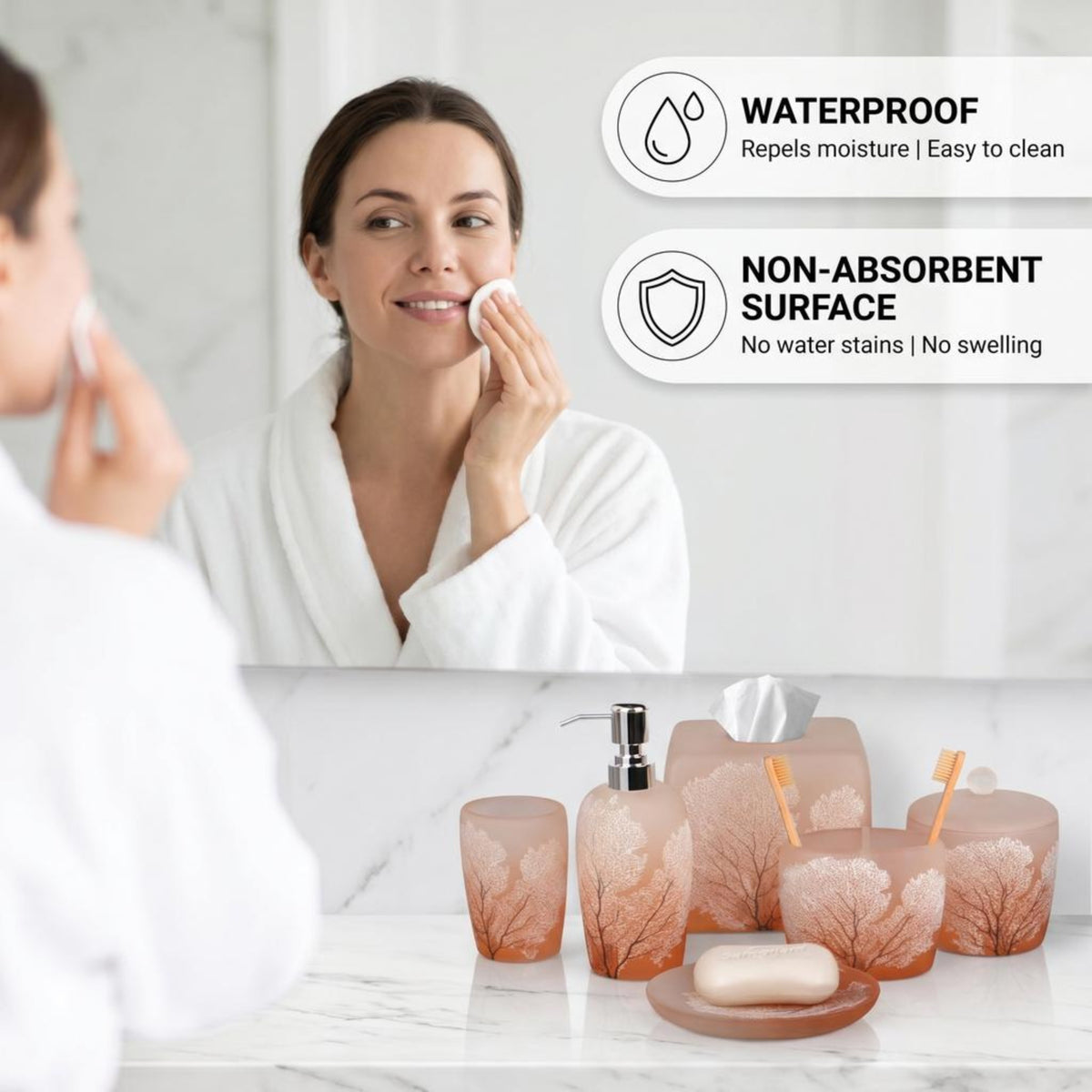 Set of six modern bathroom décor accessories from AH7005 Carruthers Collection, featuring sleek bath accessories in contemporary design.