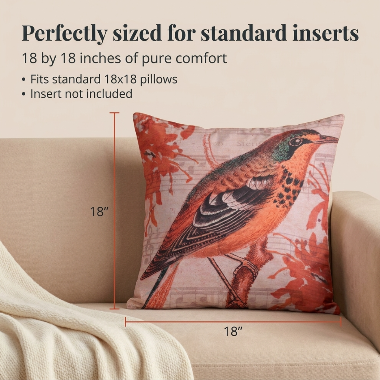 Bird Pattern Pillow Covers – 18x18 Inch Polyester Decorative Throw Pillows