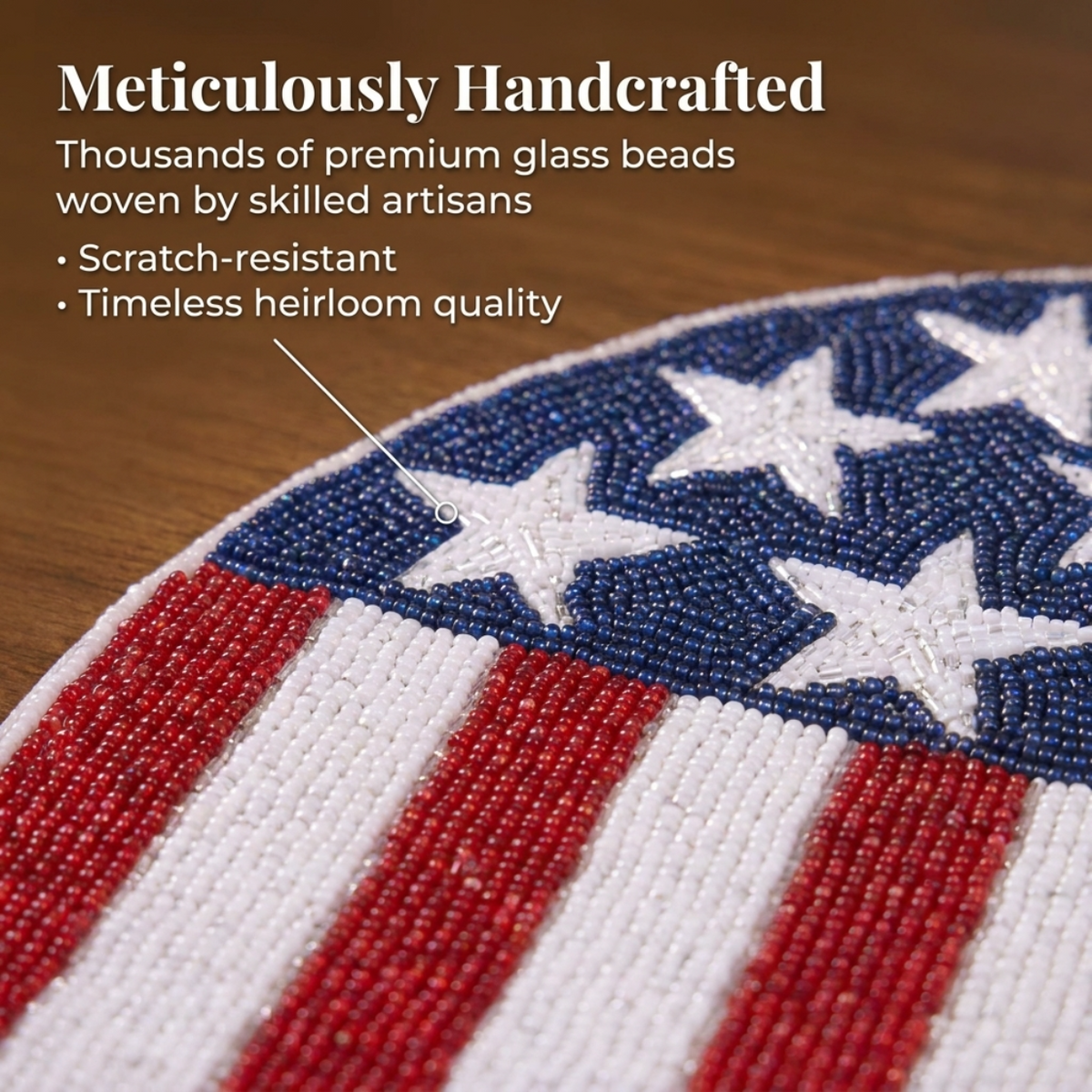 Patriotic Beaded Placemat - Round USA Flag Table Placemat with Embroidered Beadwork