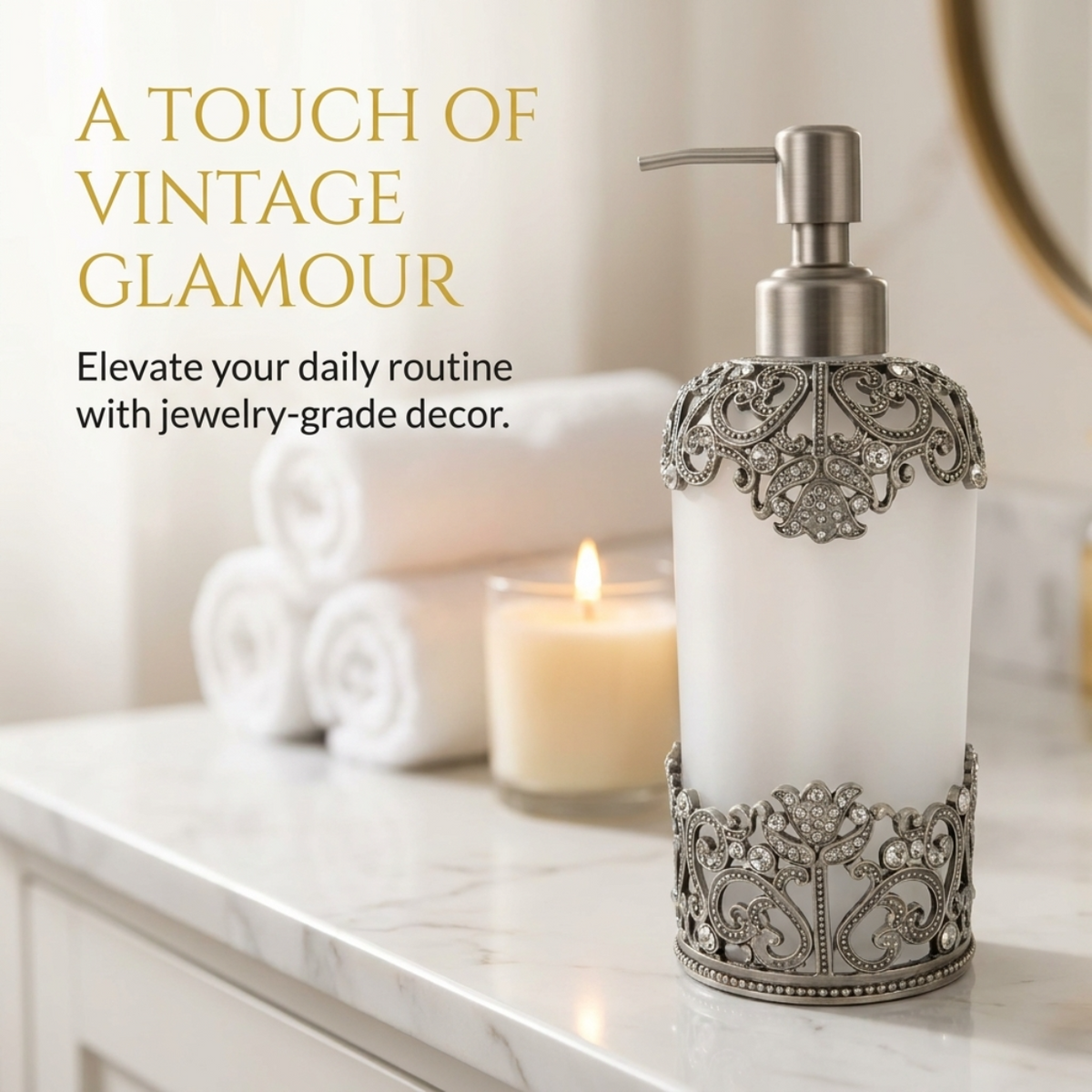 Handmade Celestia Glow lotion dispenser by LB21764RVC, modern decorative bathroom accessory with a 9 oz capacity.