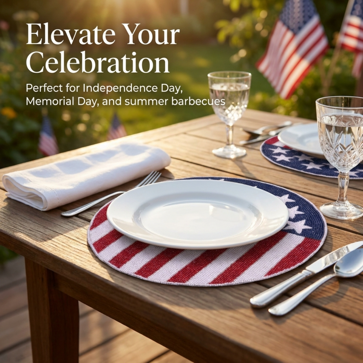 Patriotic Beaded Placemat - Round USA Flag Table Placemat with Embroidered Beadwork