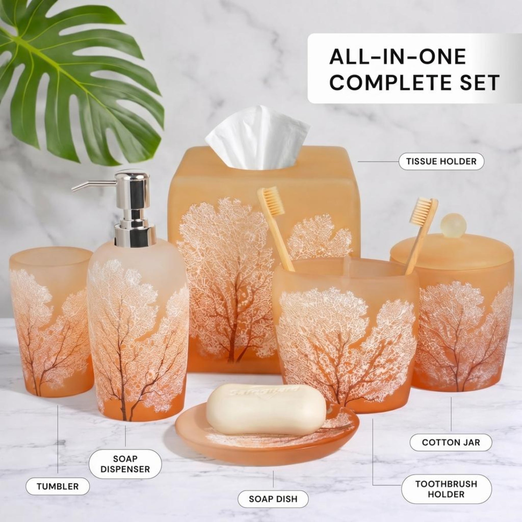 Set of six modern bathroom decor accessories from The Carruthers Collection by AH7005, featuring sleek bath accessory designs.