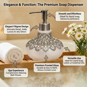 Soap Dispenser – Frosted Glass Bathroom Accessory with Pewter Pump & Rhinestone Details