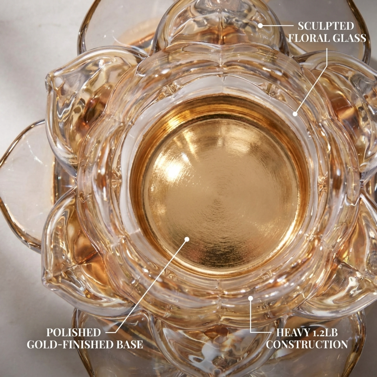 Floral Glass Candle Holder – Elegant Tea Light Holder with Gold Round Base