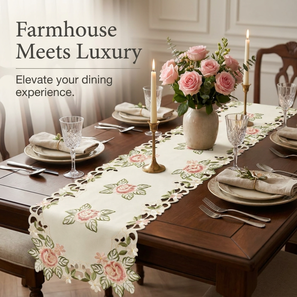 European Embroidery Table Runner – Cream Vintage Linen for Dining Table Decor