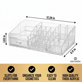 Clear Makeup Organizer - Acrylic Cosmetic Storage Box with 19 Slots & Drawer