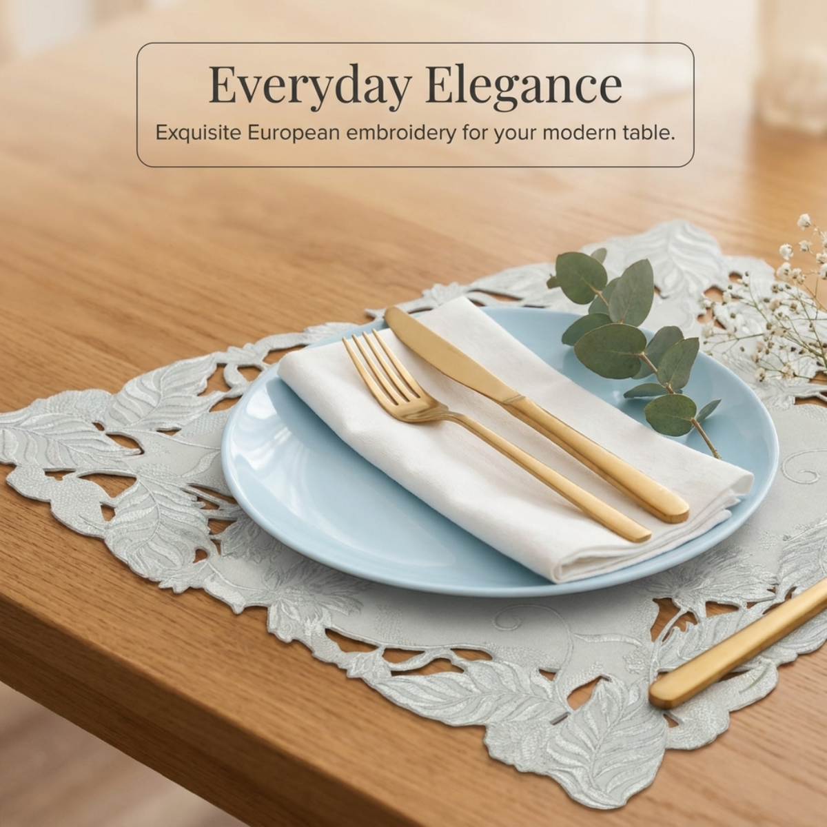 European Embroidered Placemats - Rustic Gray Table Mats 14x20 Inch for Indoor Outdoor