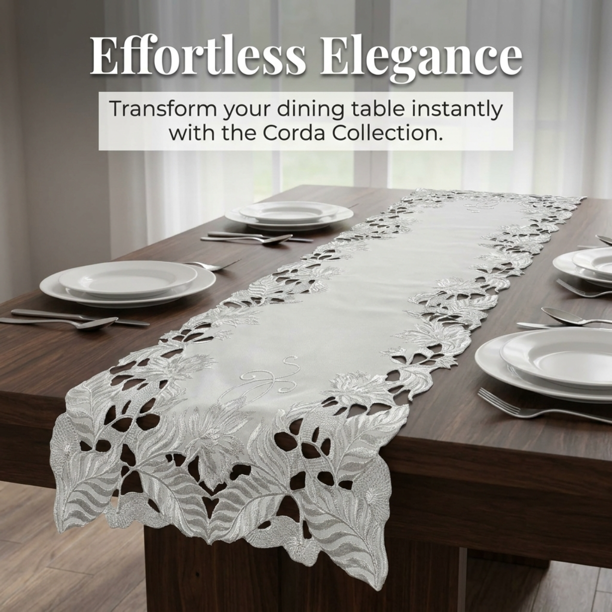 European Embroidered Table Runner - Gray Rustic Dining Linen Decor 14x108 Inches