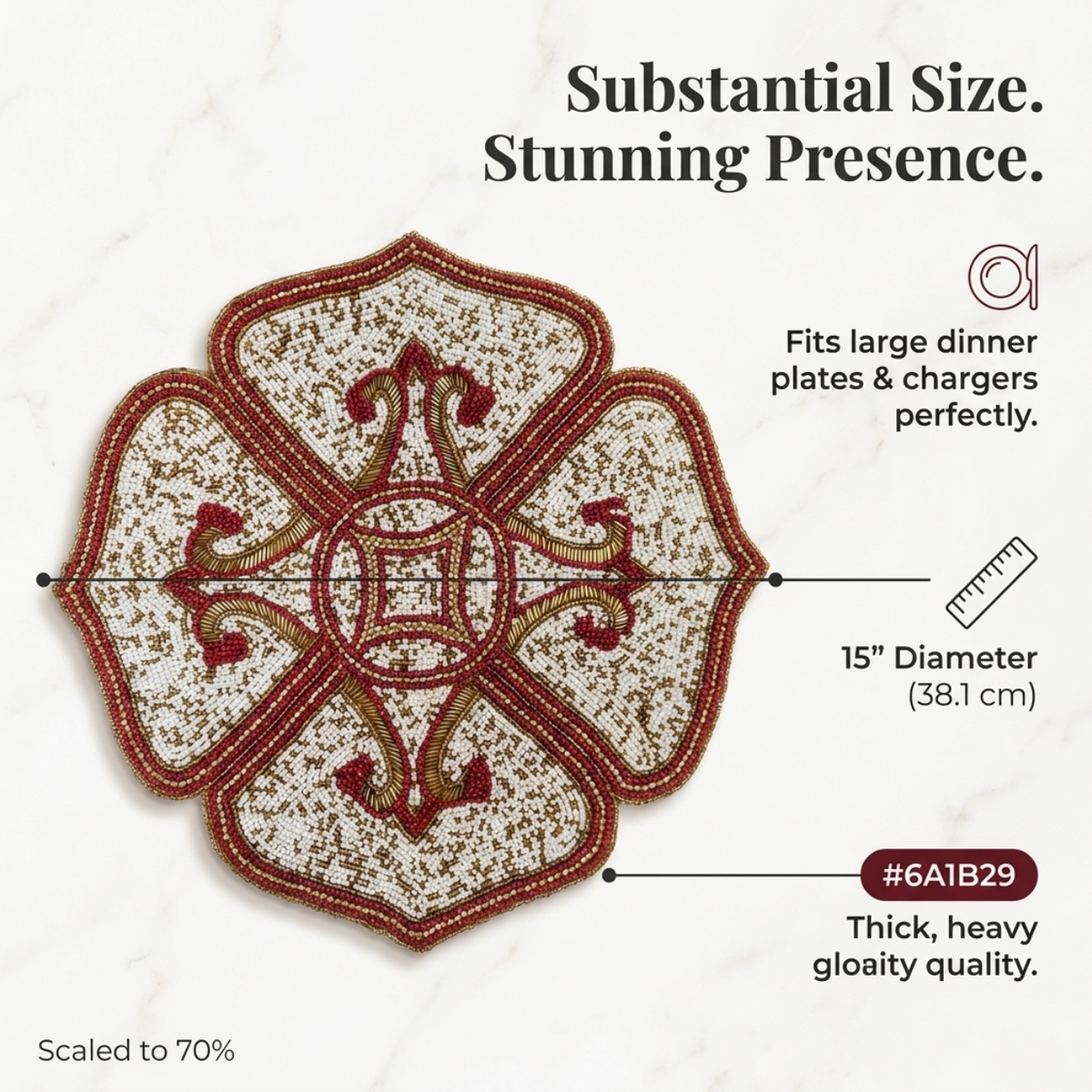 Beaded Placemats – Handmade Gold Red White Table Decor Mats, 15 Inch Satin Backing