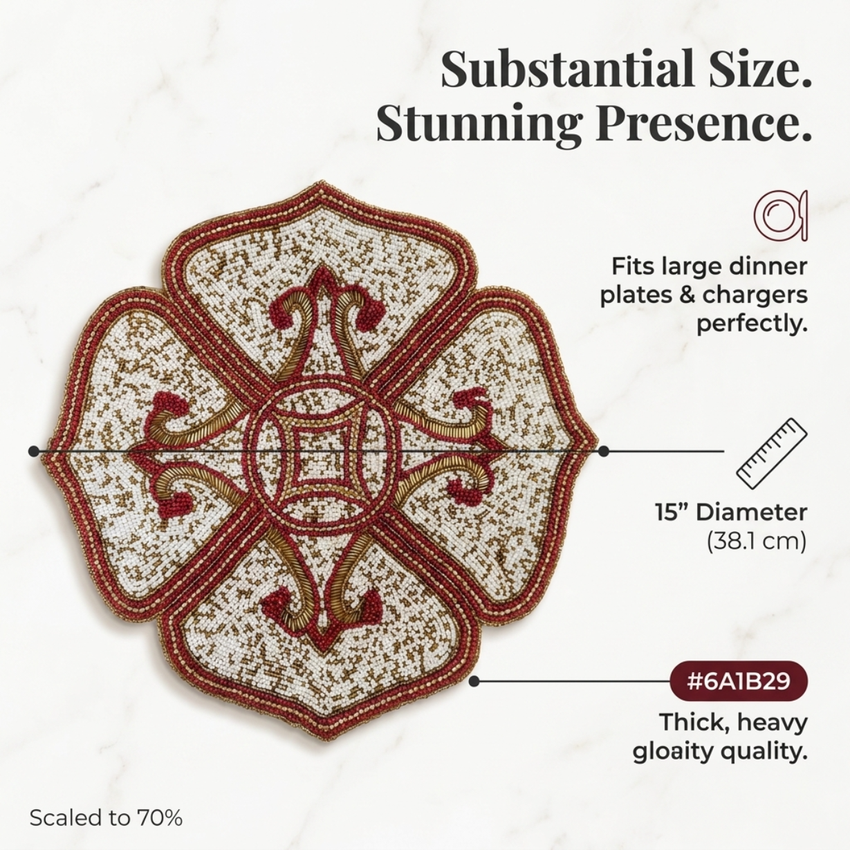 Beaded Placemats – Handmade Gold Red White Table Decor Mats, 15 Inch Satin Backing