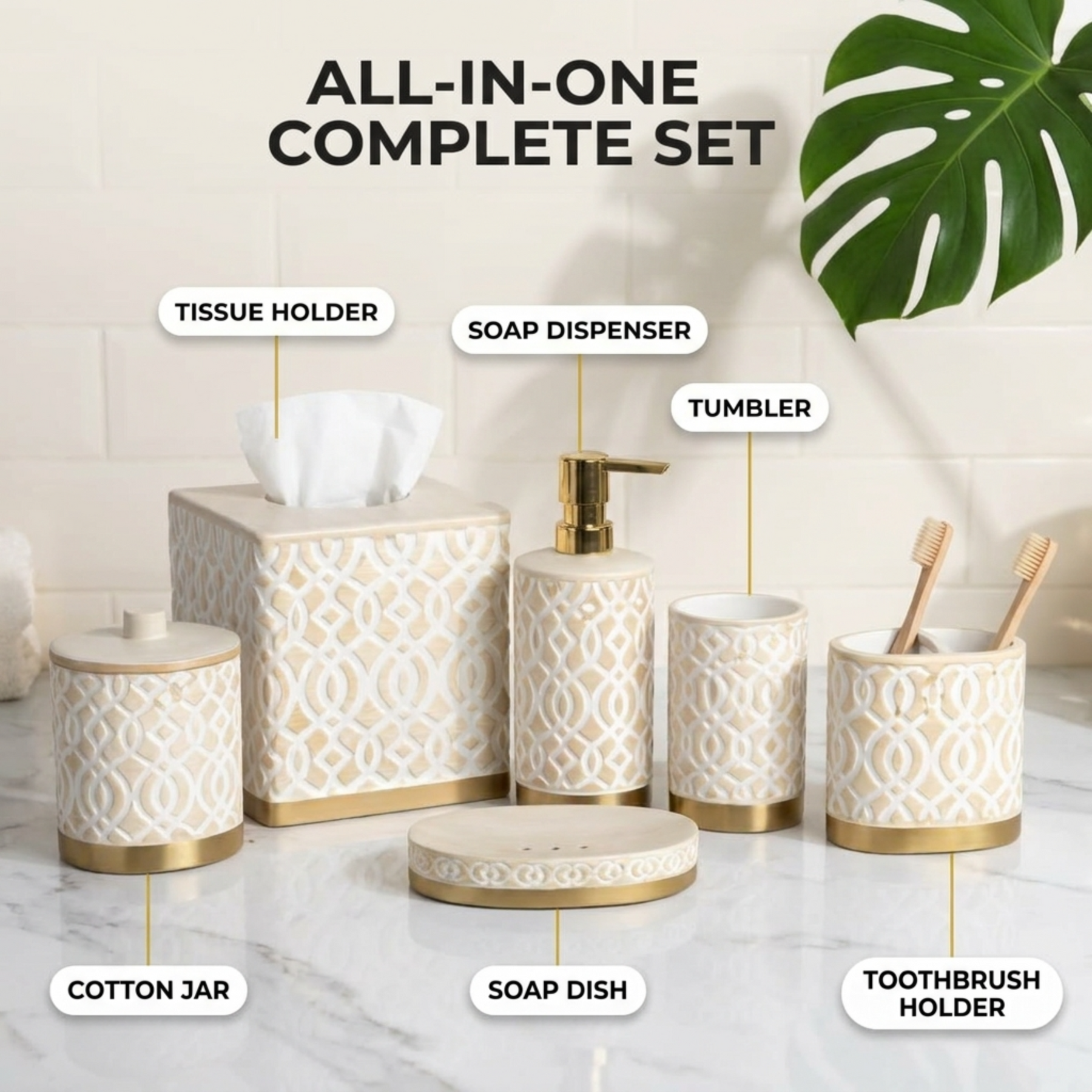 HG626 Solana Collection modern bathroom décor accessories set of 6, including soap dispenser, toothbrush holder, and tumblers.