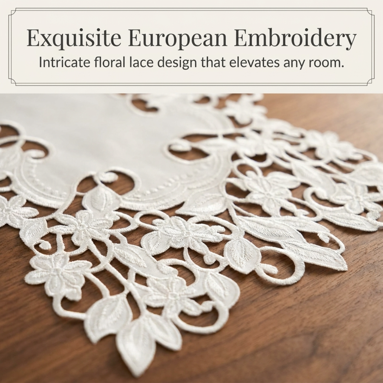 European Embroidered Table Runner – White Rustic Linen Decor 14x108 Inches