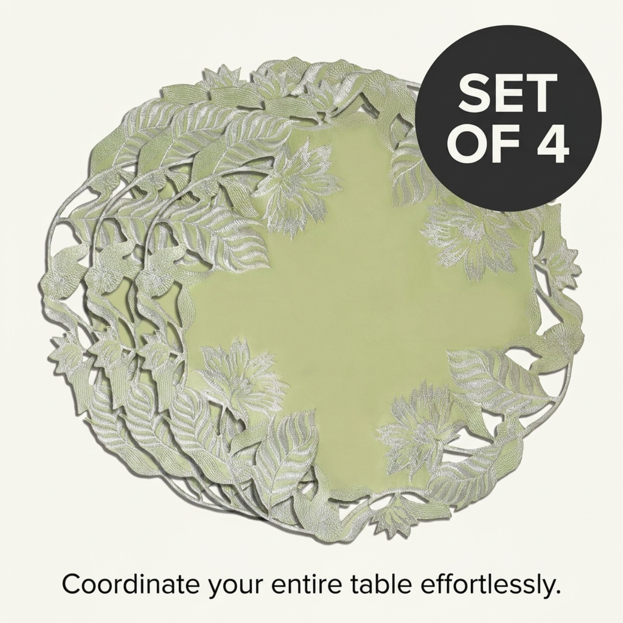 Linen Placemat Doilies - Light Green Round Embroidered Table Mats for Dining