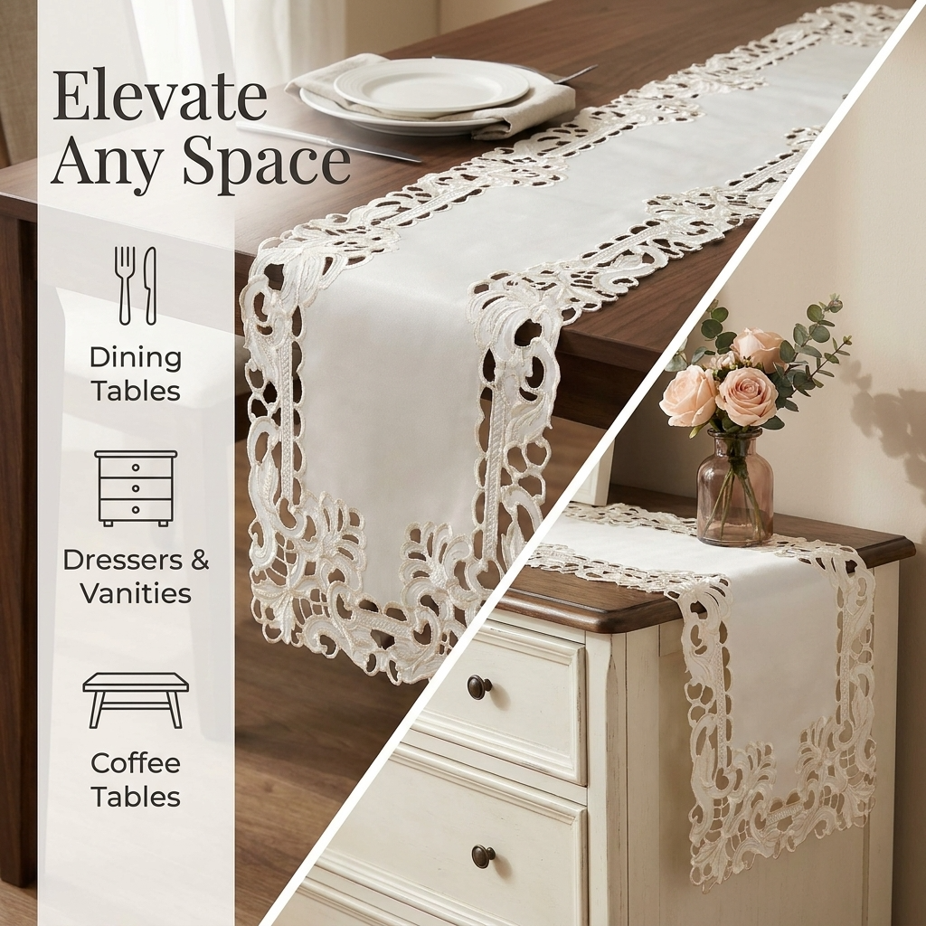 Light Beige Table Runner with European Embroidery – Rustic Vintage Decor