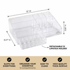Clear Makeup Organizer - Acrylic Cosmetic Holder with 21 Slots & Lipstick Storage
